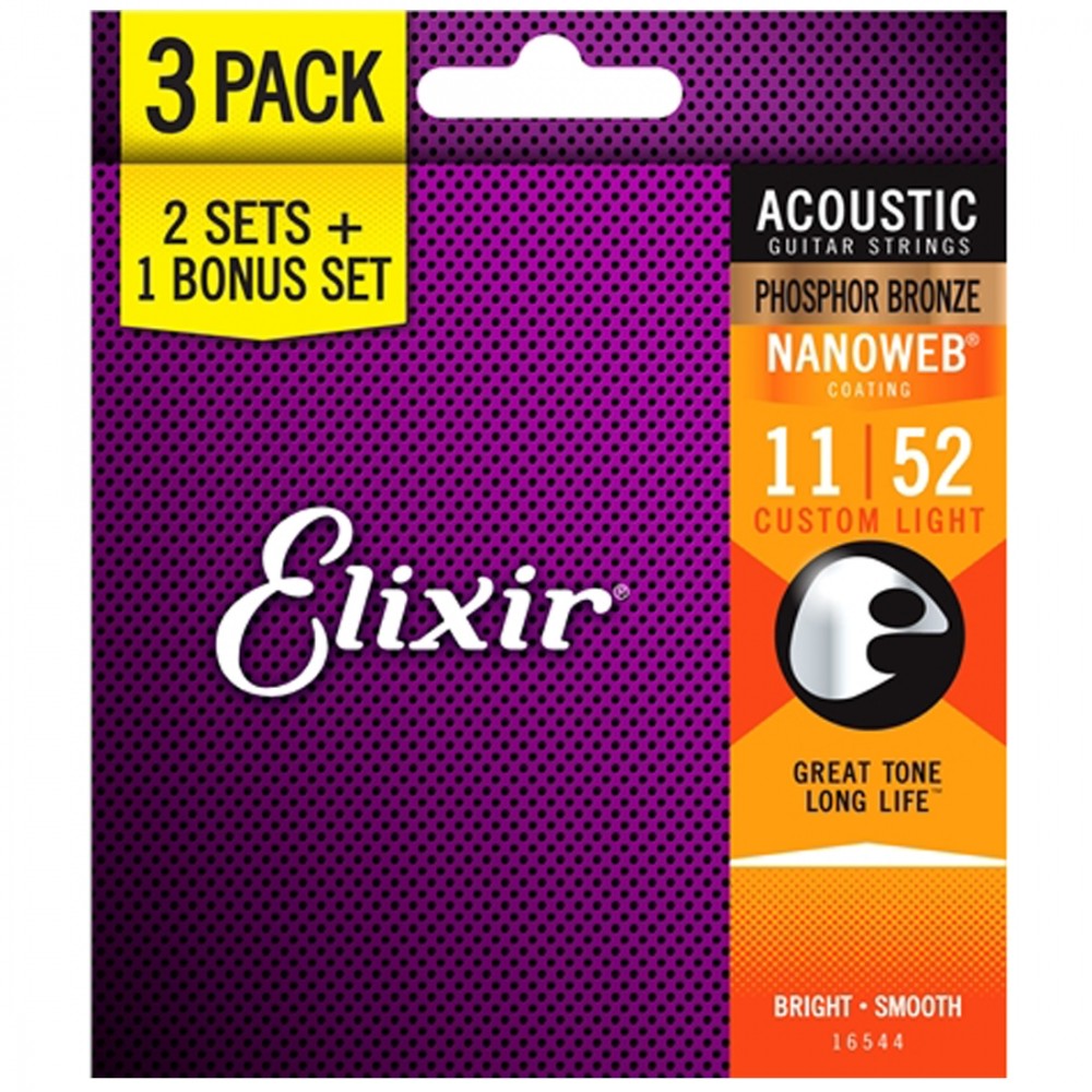 Комплект струн из трех упаковок для акустической гитары Elixir 16544 (3 pack) 11-52 Custom Light Bonus.